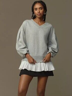 Anthropologie Maeve Long Sleeve V-Neck Twofer Knit Pullover Women Medium Gray